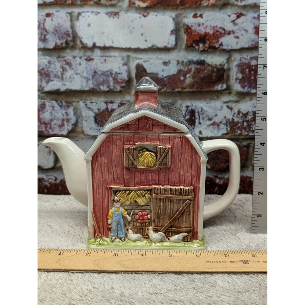 Otagiri Japan Gibson Greetings Barn Teapot Red Farmhouse Hand Painted Ceramic
